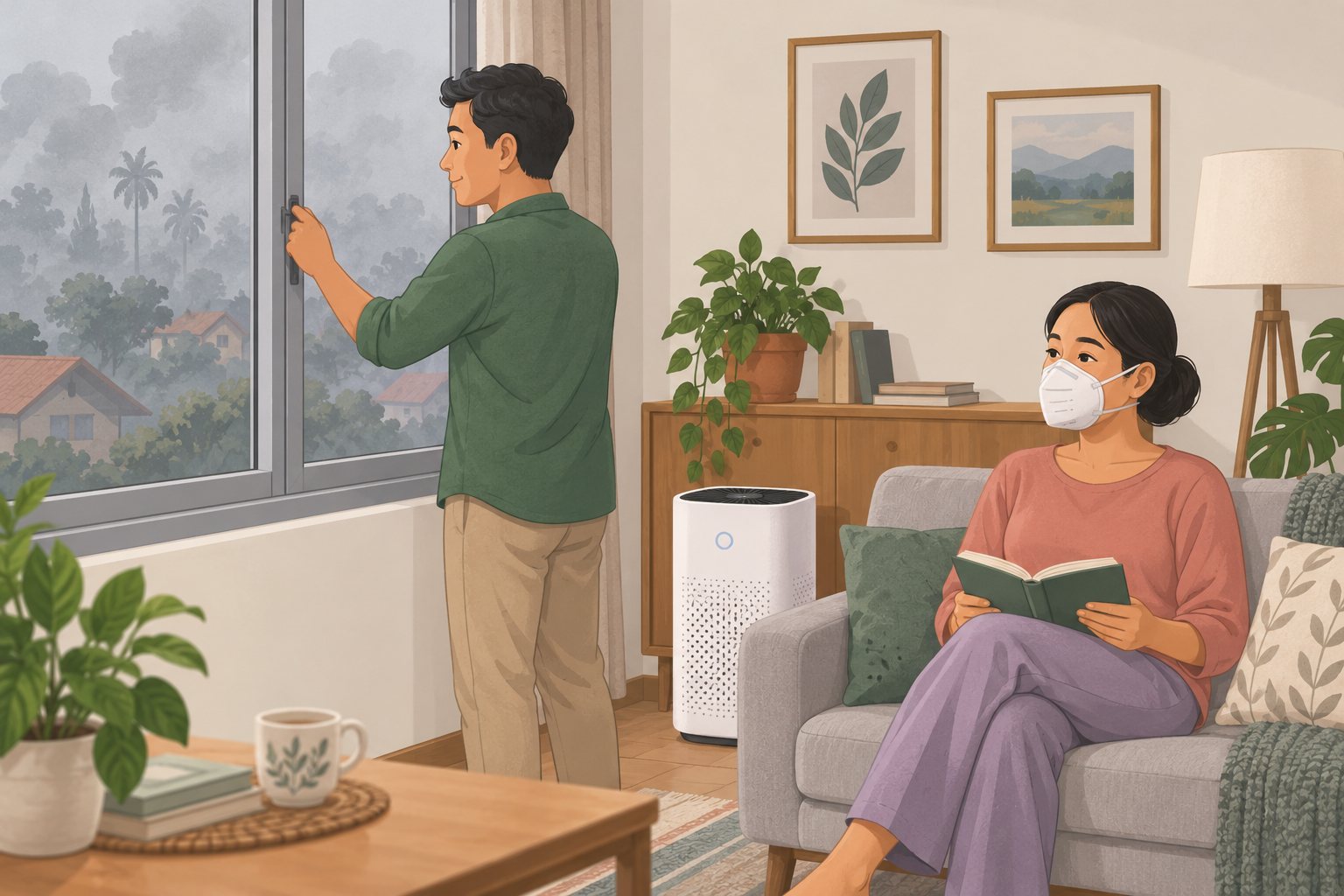 Ilustrasi: Warga menutup jendela dan memakai respirator untuk mengurangi paparan asap.